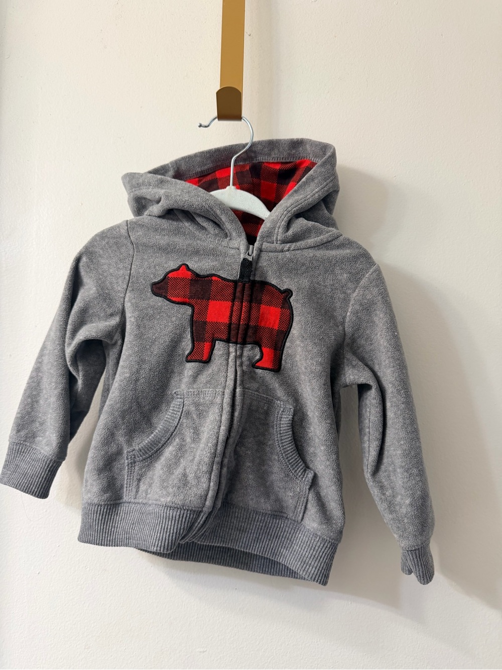 Carter's Gray Hoodie with Red Plaid Bear Applique